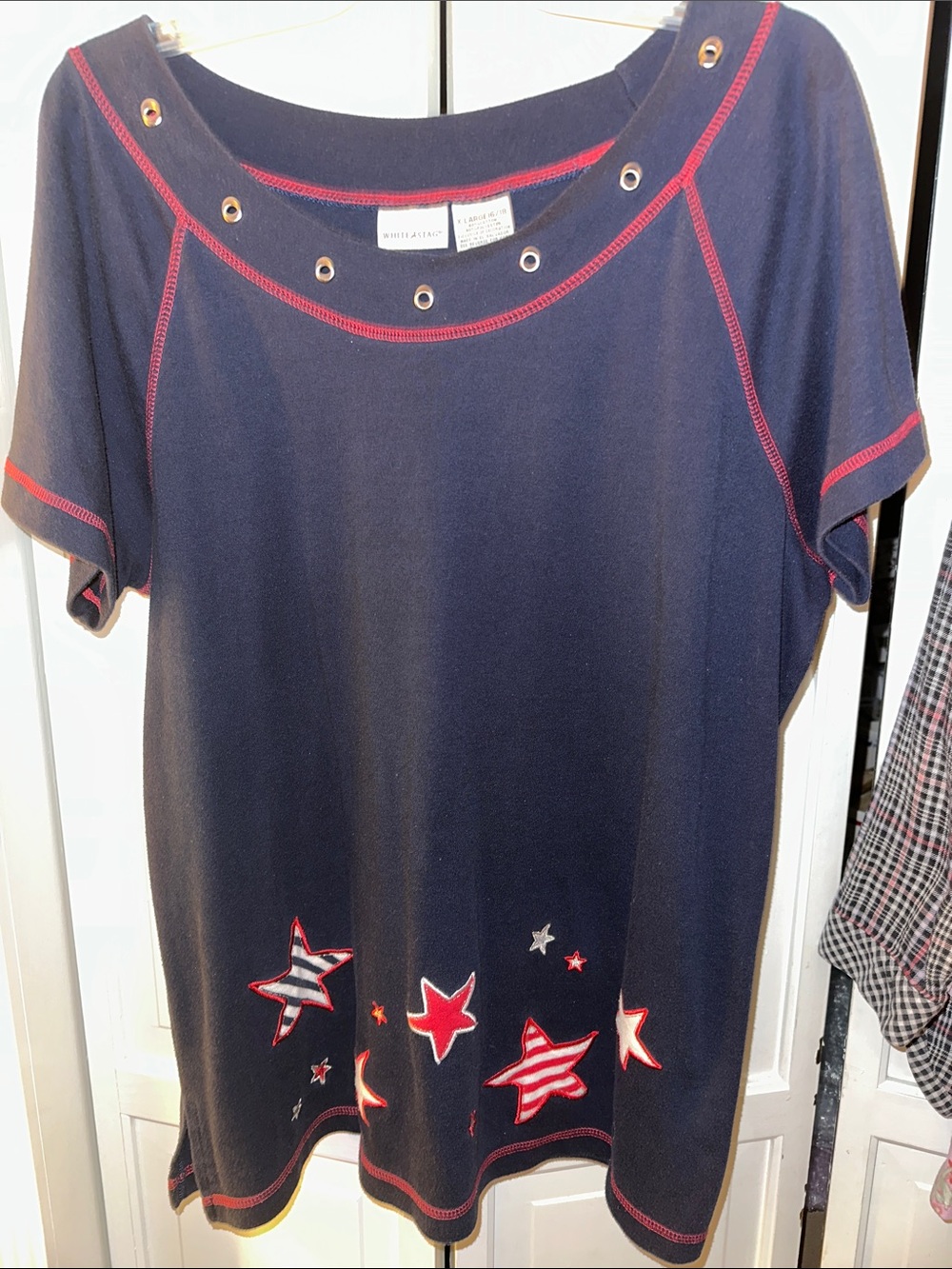 White Stag Navy Blue Short-Sleeve Star Appliqué Top With Stars & Stripes XL NWOT